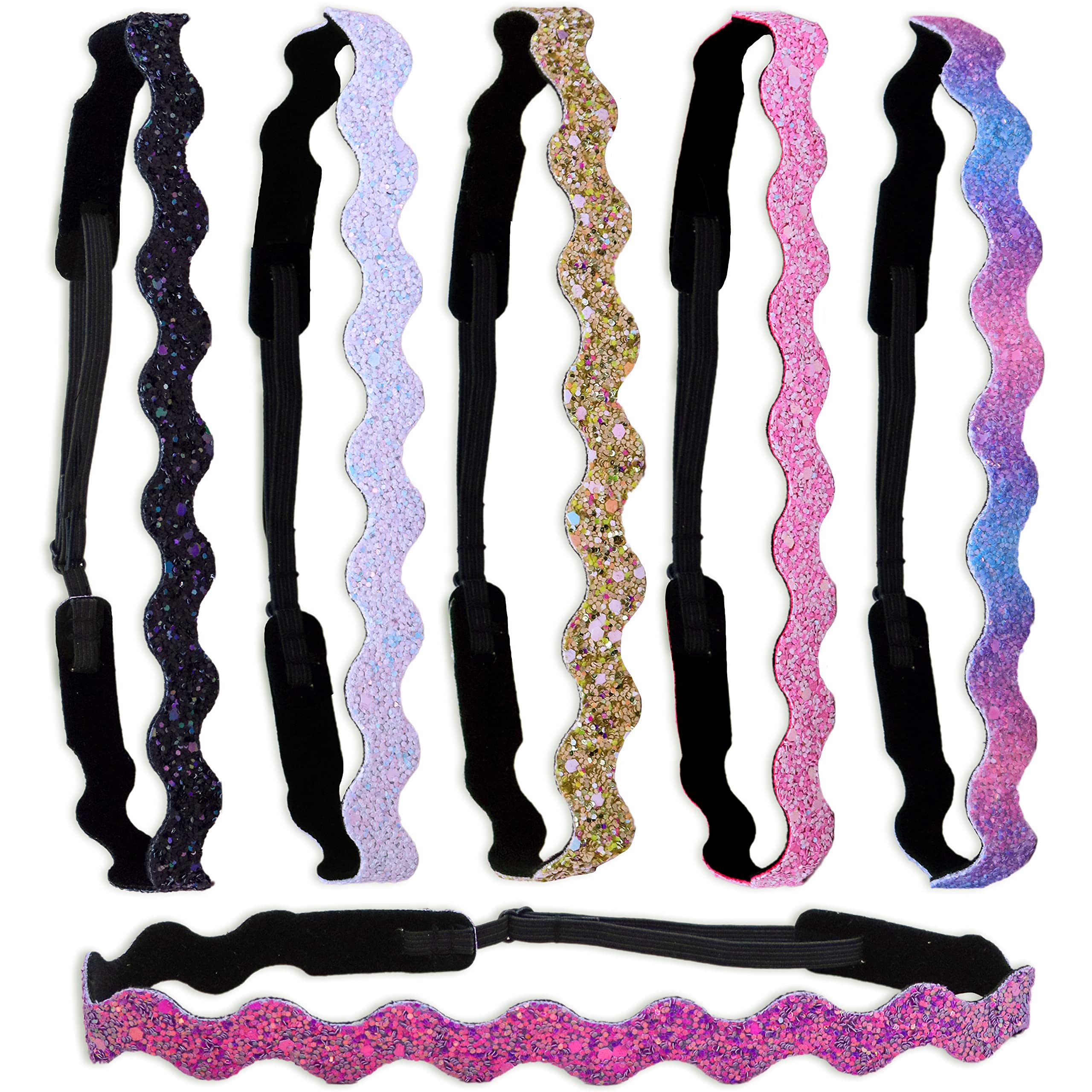 FROG SAC 6 Glitter Elastic Headbands For Girls, Adjustable Non Slip Thin Stretch Wavy Sport Headband Hair Bands for Teens, Cute Stretchy Zig Zag Nonslip Teen Girl Sport Hair Accessories