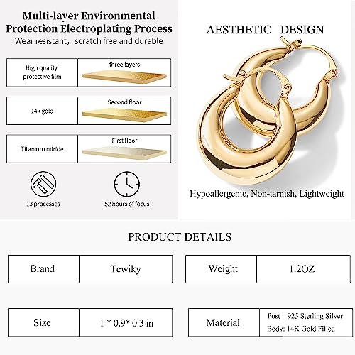 Tewiky Chunky Gold Earrings for Women, 14k Plated Small Hoop Hypoallergenic Oval Women Trendy Fashion Hoops Jewelry Gifts