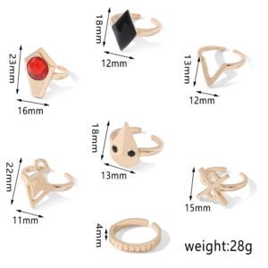 Genshin Hutao Cosplay Rings - 7pcs set Adjustable Metal Finger Ring For Men Women - Props Jewelry Halloween Costume Accessories (gold)