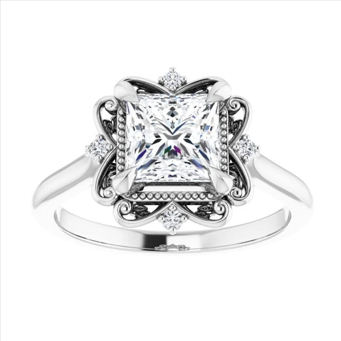 Jewels Store Vintage 2.60 CT Princess Cut White Diamond Victorian Art Deco Antique Engagement Ring, Filigree Ring, in 925 Sterling Silver White Gold or Rose Gold or Yellow Gold Finish (Silver, 9)