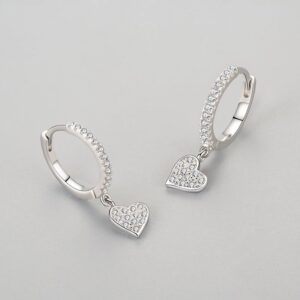 CZ Love Heart Dangle Hoop Earrings 925 Sterling Silver Sparkling Crystal Rhinestone Small Huggie Hoops Cartilage Earring Dangling Drop Hinged Earringfor Women