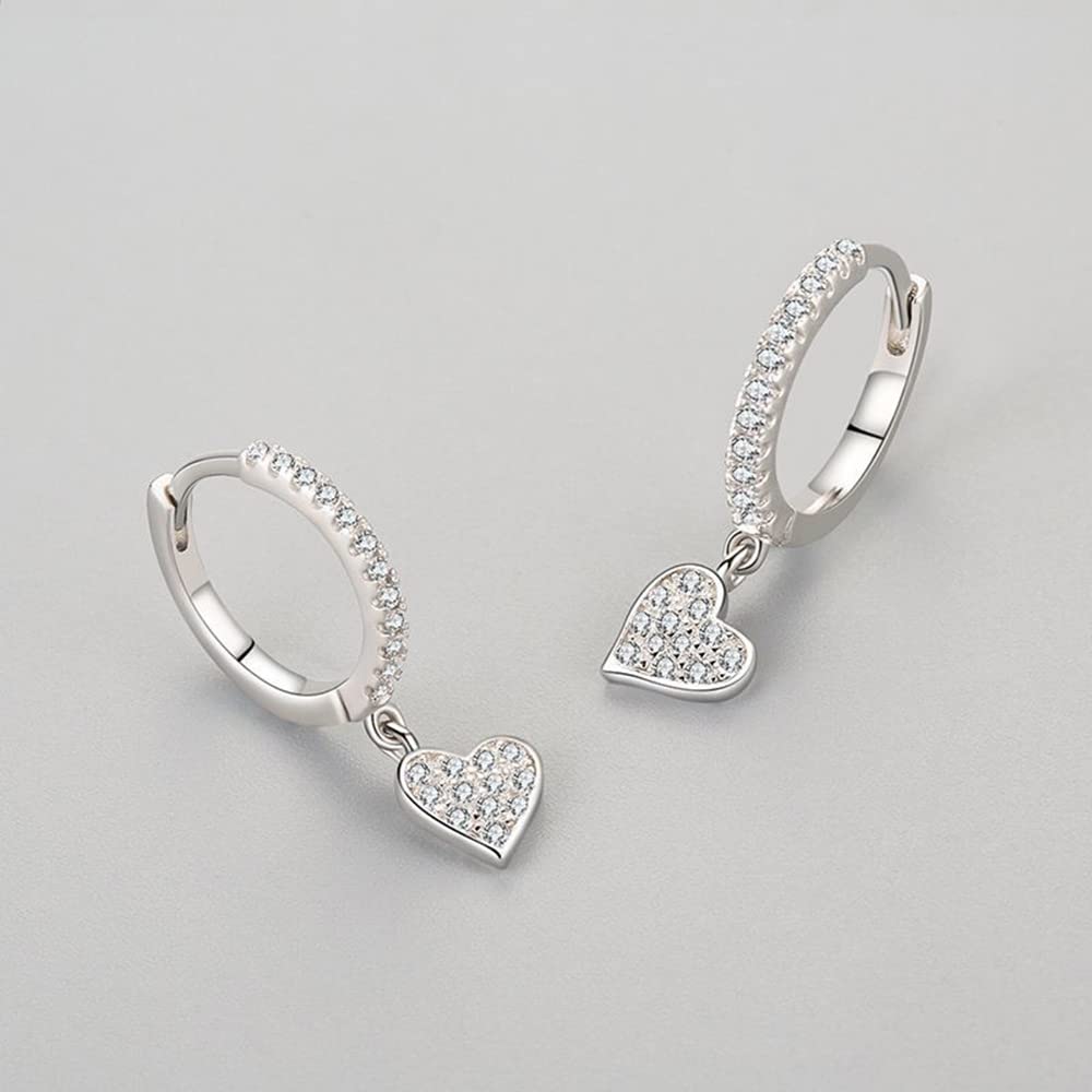 CZ Love Heart Dangle Hoop Earrings 925 Sterling Silver Sparkling Crystal Rhinestone Small Huggie Hoops Cartilage Earring Dangling Drop Hinged Earringfor Women