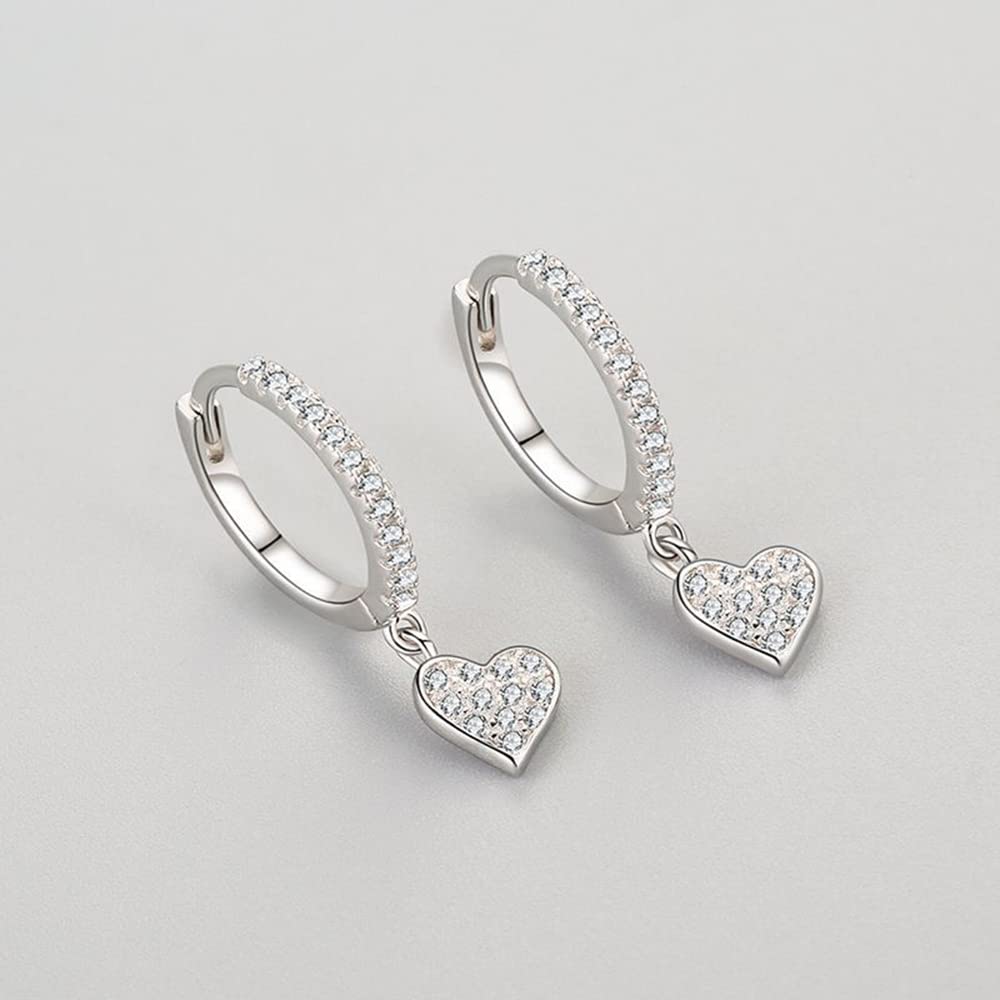 CZ Love Heart Dangle Hoop Earrings 925 Sterling Silver Sparkling Crystal Rhinestone Small Huggie Hoops Cartilage Earring Dangling Drop Hinged Earringfor Women