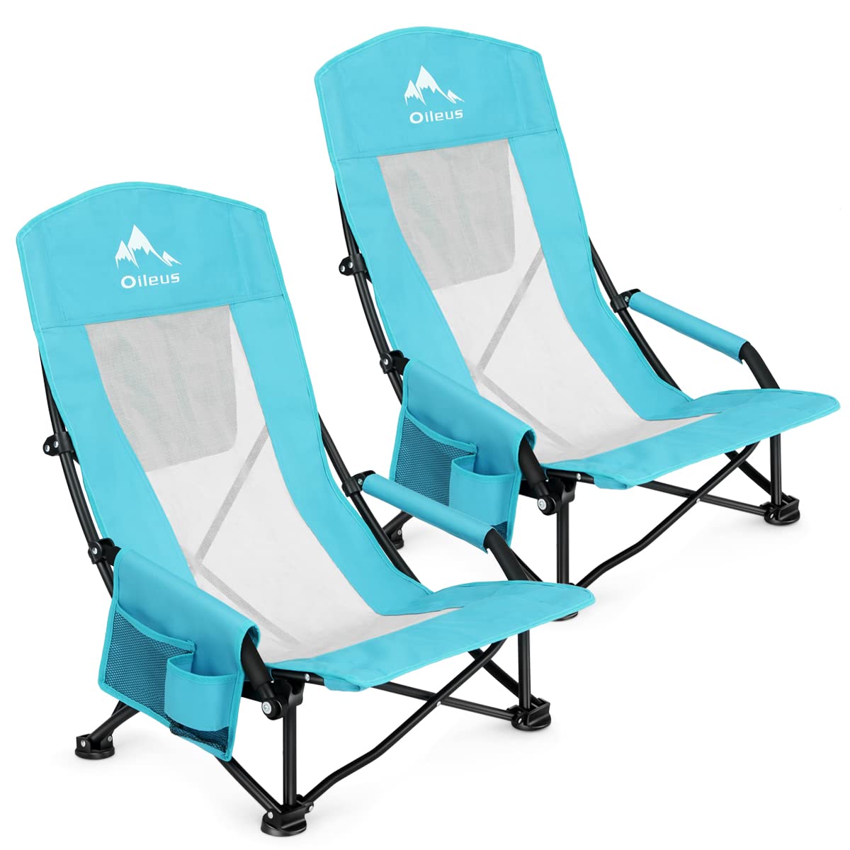 Oileus Folding Portable Beach Chair, High Back Low Seat Lightweight Chairs for Beach Tent & Shelter & Camping, Full Mesh Back| Cup Holder| Storage Bag| Carry Bag | Armrest 2 Pcs