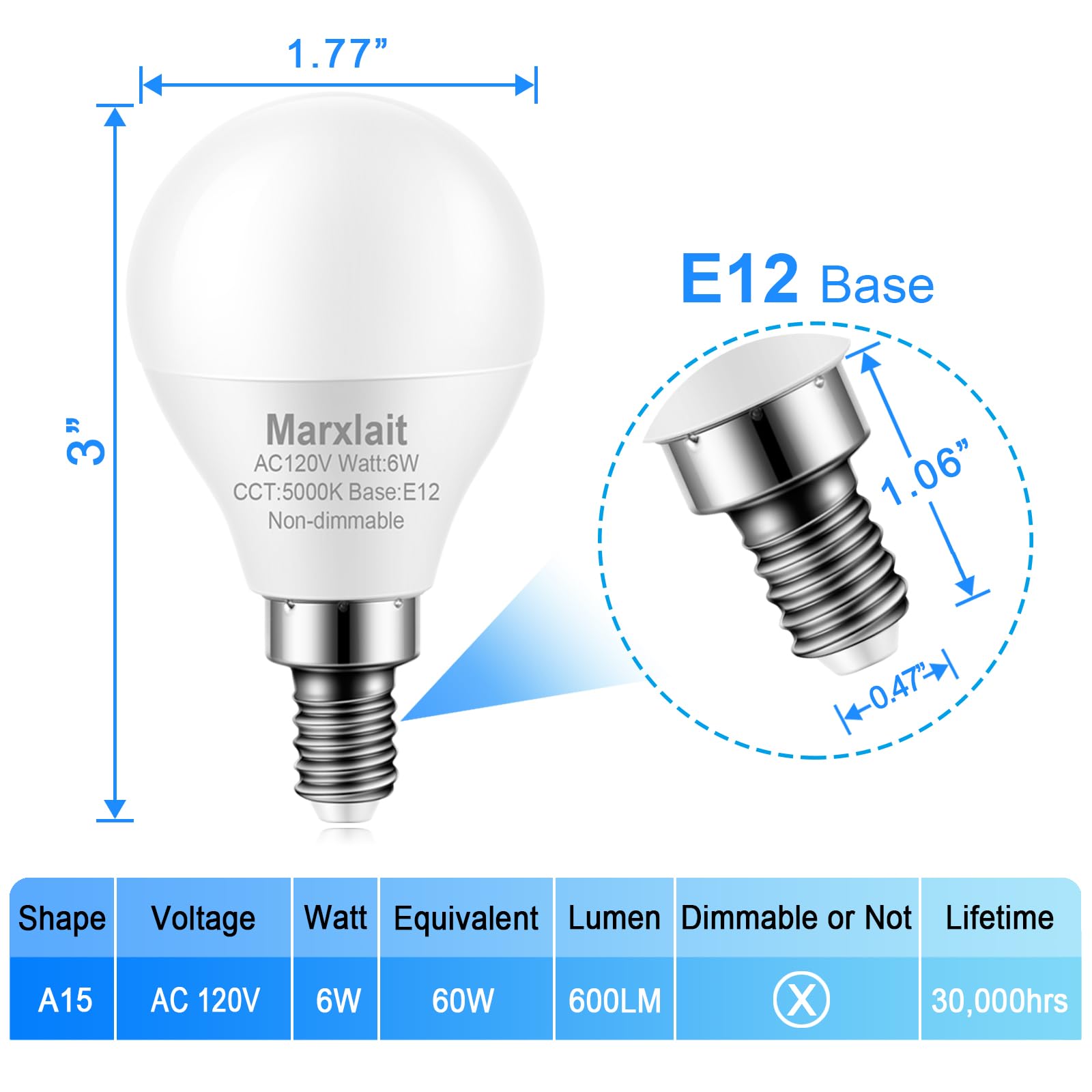 8 Pack E12 Ceiling Fan Light Bulbs, 60W Equivalent, Daylight White 5000K, Small Base LED Candelabra Light Bulb, Bright A15 LED Bulb, 120V, Non-dimmable