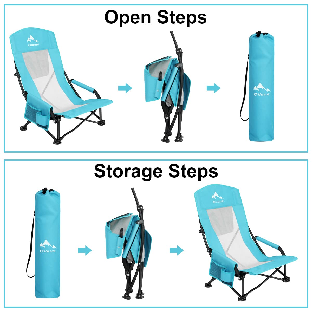 Oileus Folding Portable Beach Chair, High Back Low Seat Lightweight Chairs for Beach Tent & Shelter & Camping, Full Mesh Back| Cup Holder| Storage Bag| Carry Bag | Armrest 2 Pcs