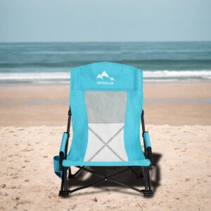 Oileus Folding Portable Beach Chair, High Back Low Seat Lightweight Chairs for Beach Tent & Shelter & Camping, Full Mesh Back| Cup Holder| Storage Bag| Carry Bag | Armrest 2 Pcs