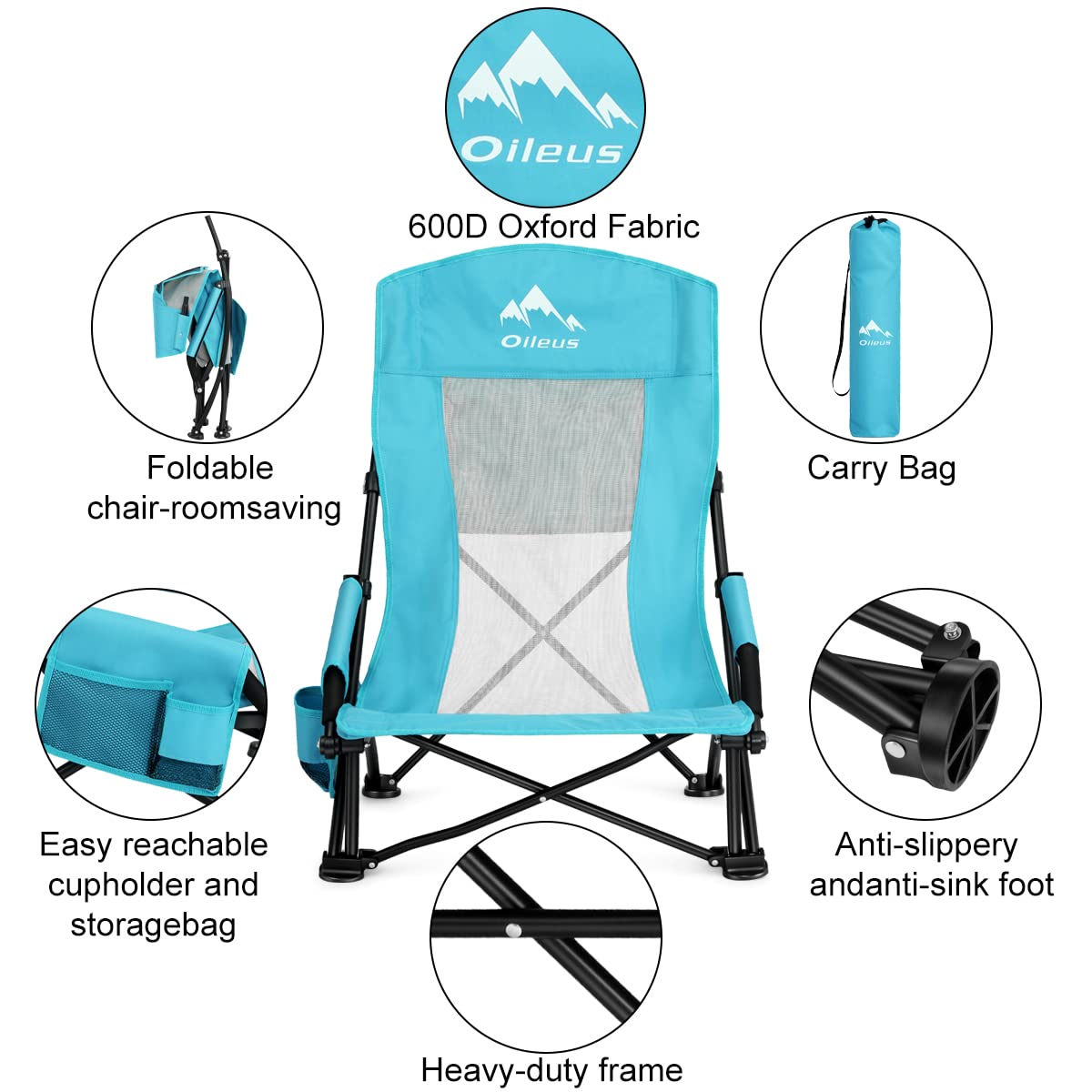 Oileus Folding Portable Beach Chair, High Back Low Seat Lightweight Chairs for Beach Tent & Shelter & Camping, Full Mesh Back| Cup Holder| Storage Bag| Carry Bag | Armrest 2 Pcs