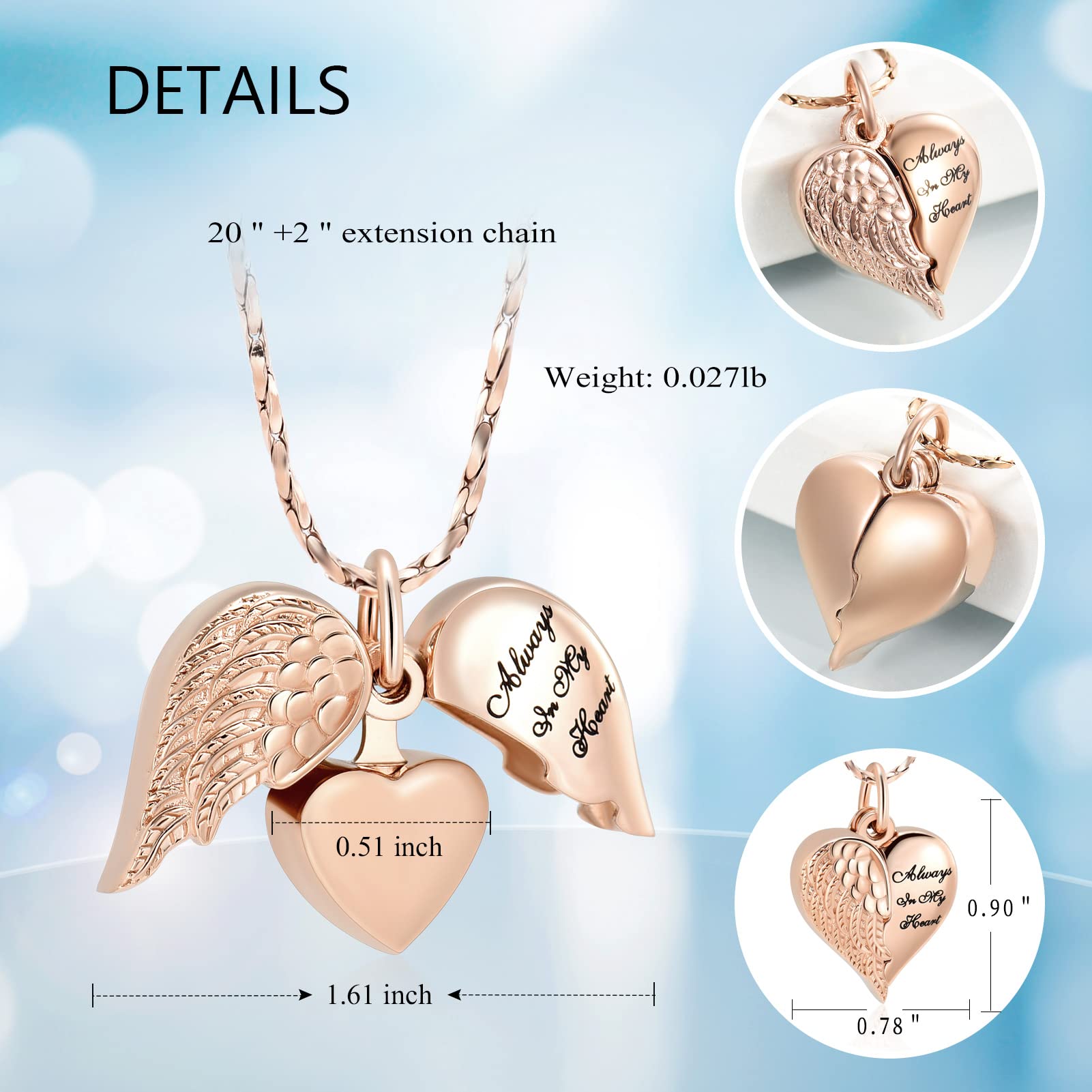 Imrsanl Cremation Jewelry for Ashes Heart Urn Necklace Pendants Ashes for Women Men Family Keepsake Memorial Angel Wing with Charm Heart for Loved Ones (Rose Gold)