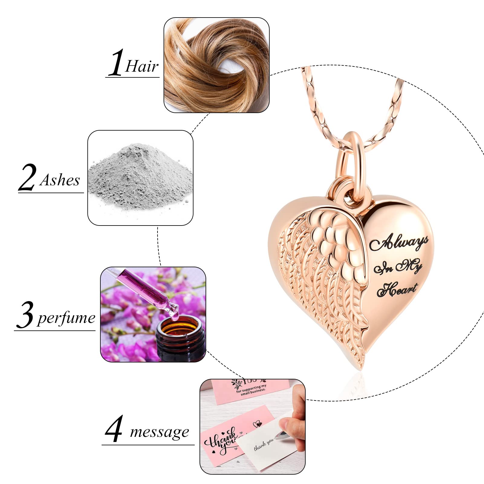 Imrsanl Cremation Jewelry for Ashes Heart Urn Necklace Pendants Ashes for Women Men Family Keepsake Memorial Angel Wing with Charm Heart for Loved Ones (Rose Gold)