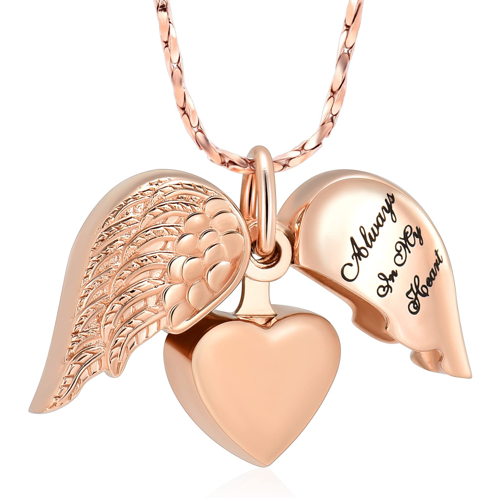 Imrsanl Cremation Jewelry for Ashes Heart Urn Necklace Pendants Ashes for Women Men Family Keepsake Memorial Angel Wing with Charm Heart for Loved Ones (Rose Gold)