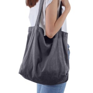 ALUWU Corduroy Tote Bag for Women Casual Work Canvas Shoulder Handbags Cute Large Purse Grey