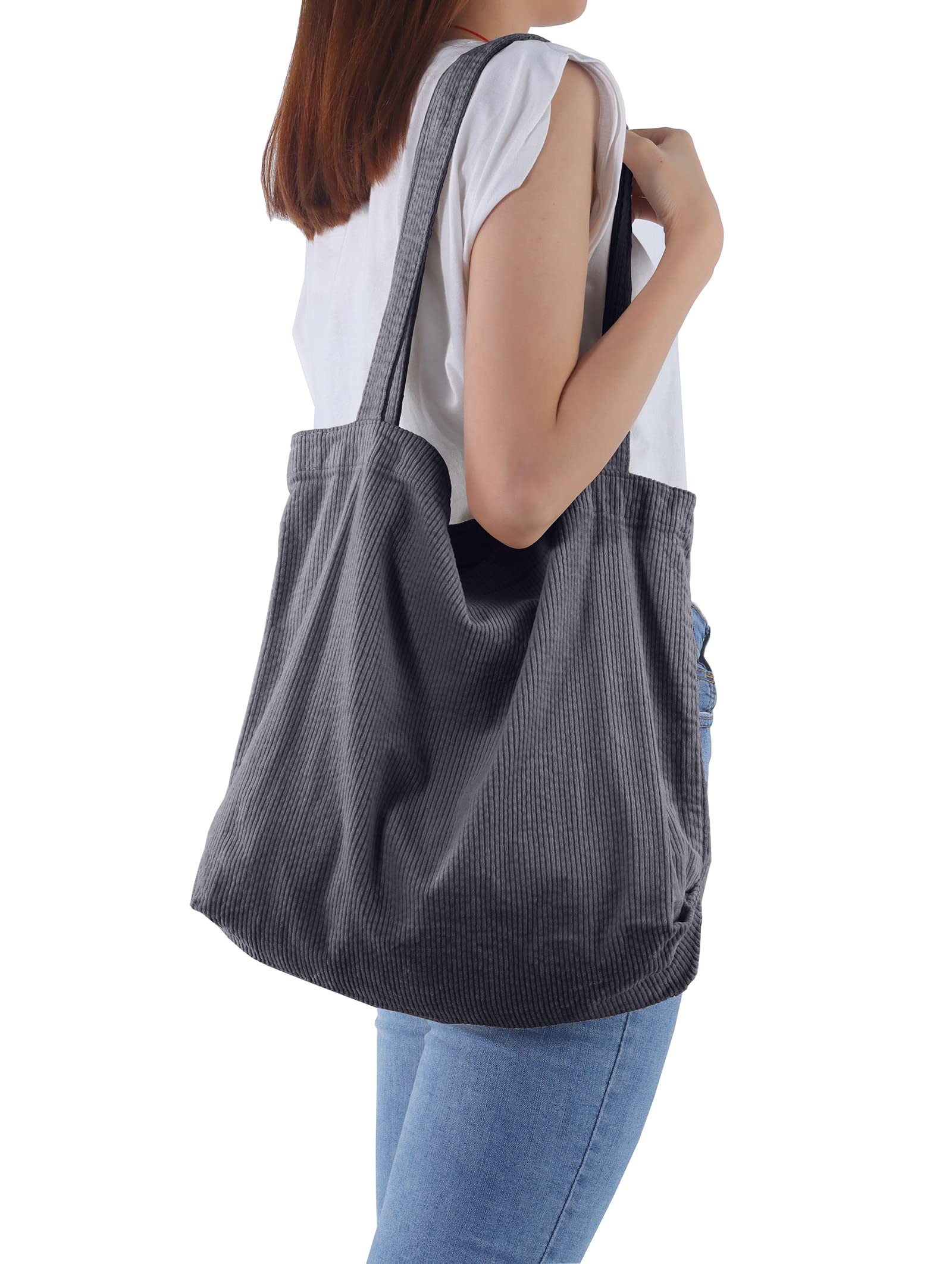 ALUWU Corduroy Tote Bag for Women Casual Work Canvas Shoulder Handbags Cute Large Purse Grey