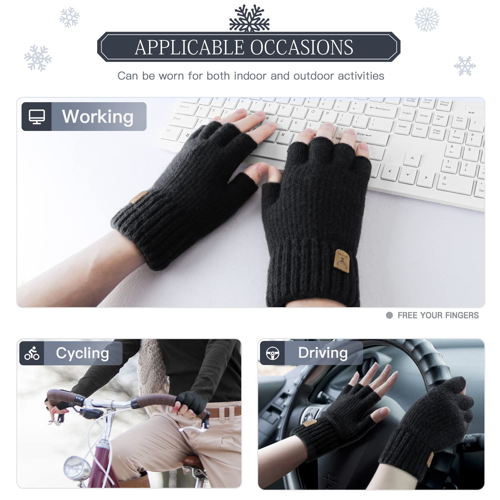 JUNRUI Fingerless Gloves Half Finger Gloves Winter Warm Knitted Gloves Working Running Biking Driving for Men and Women