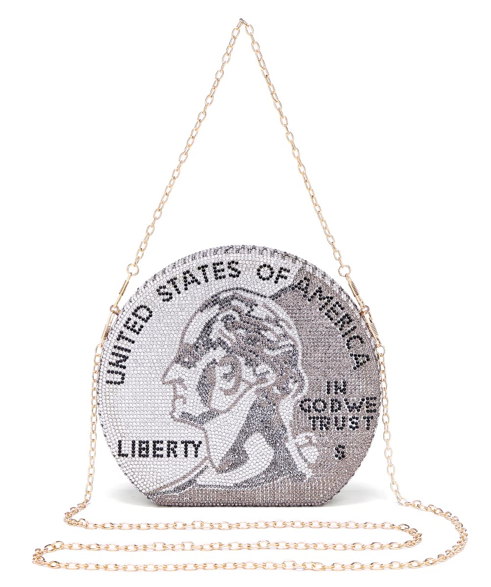 Covelin Women's Dollar Coin Handbag Rhinestone Purse Evening Clutch Bag Grey