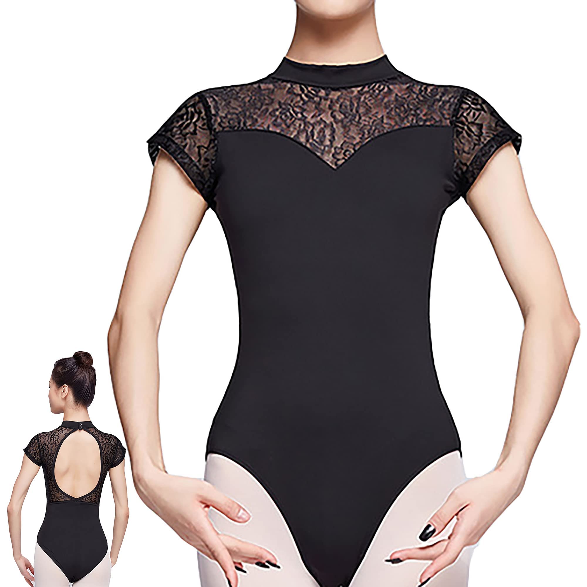 UTOWO Ballet Leotards for Women Black-Lace Short-Sleeve Dance Gymnastics Yoga Leotards with Elegant Swan collar (Large, Black)