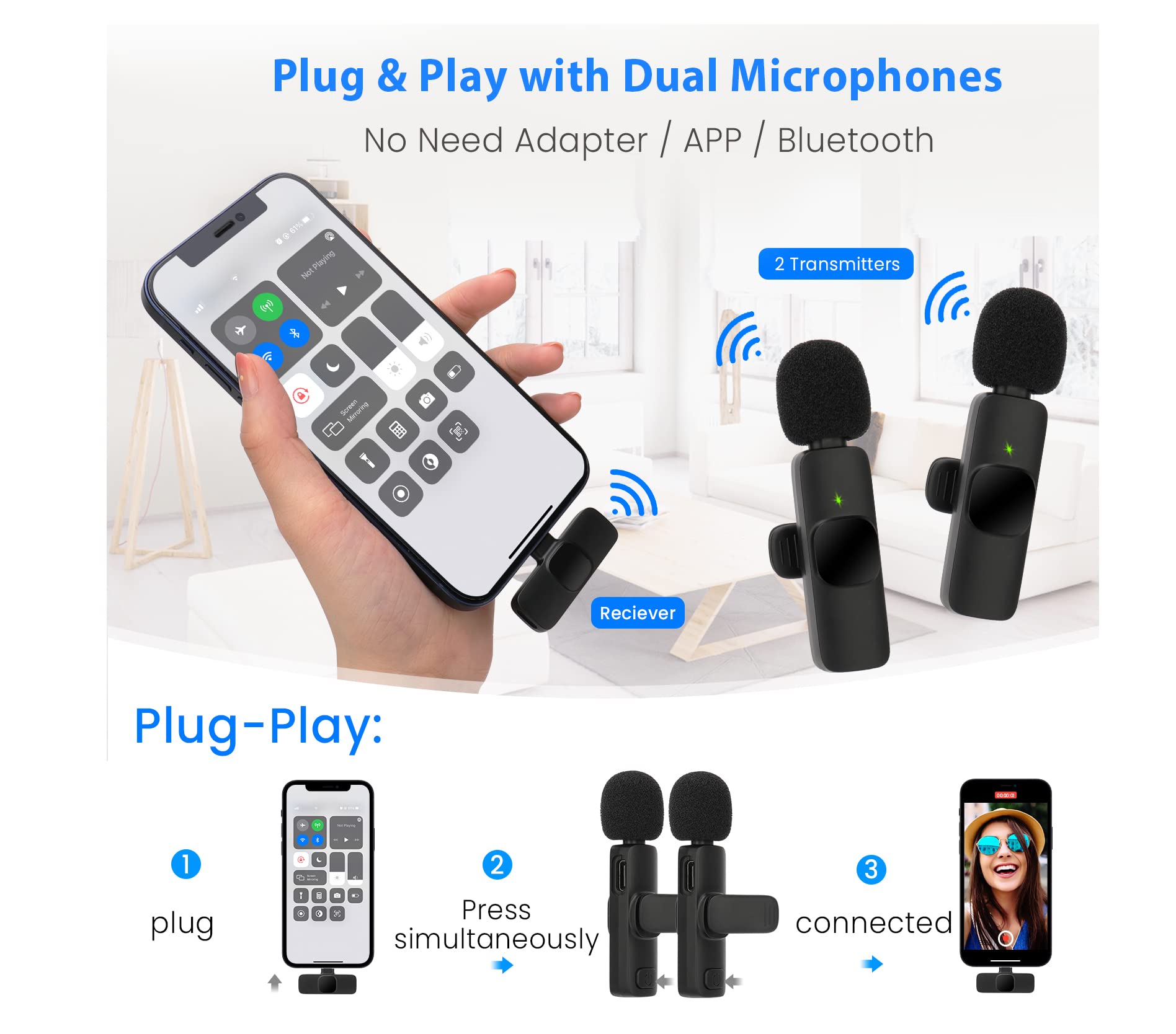 AngLink Wireless Lavalier Microphone for iPhone 7 8 X XR XS 11 12 13 Max Pro SE - 2.4GHz Lapel Mic for Recording YouTube Facebook Live Stream Tiktok Vlog Interview