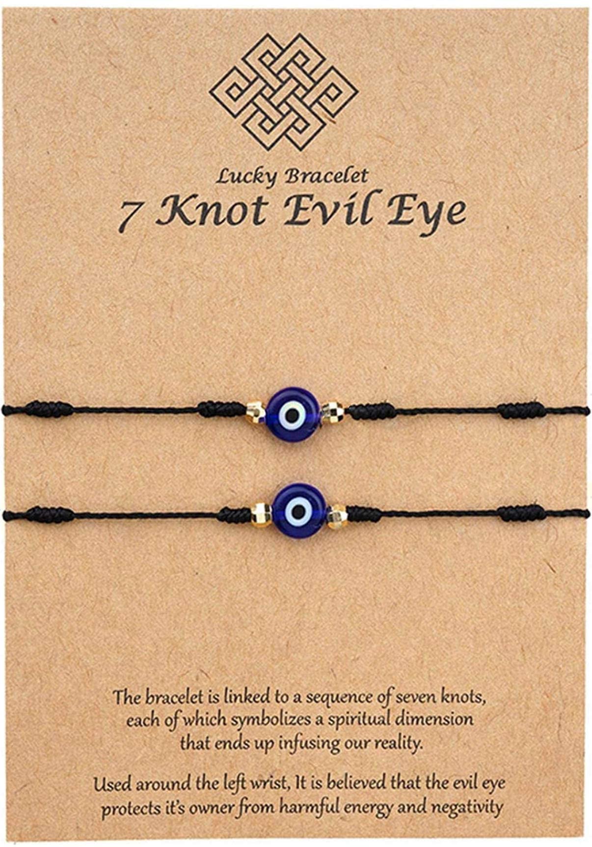 VIUJUH Evil Eye 7 Knot Bracelet with Hand Painted Evil Eye on a Hand Woven Adjustable Bracelet String Amulet for Women Men Little Boys & Girls (Black)