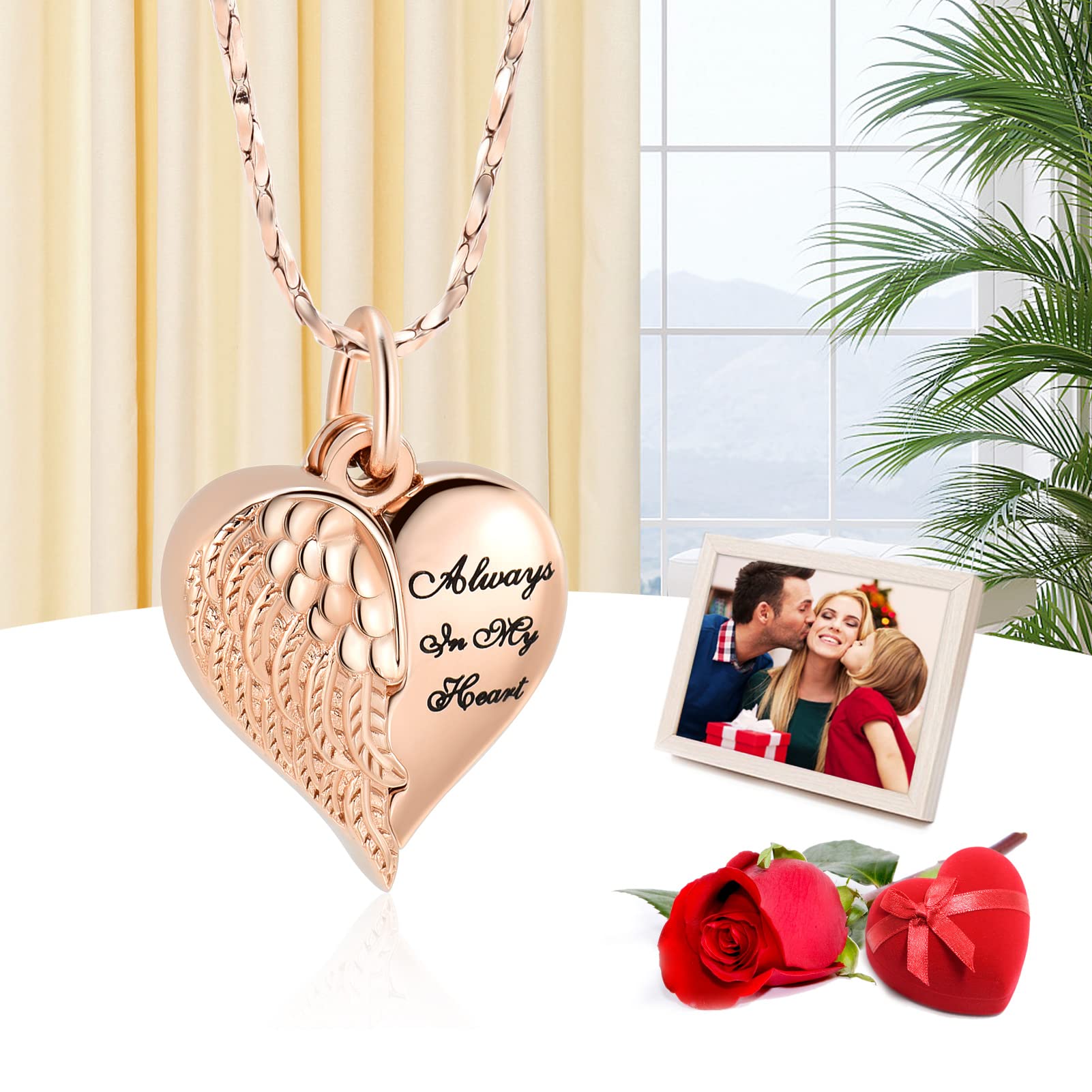 Imrsanl Cremation Jewelry for Ashes Heart Urn Necklace Pendants Ashes for Women Men Family Keepsake Memorial Angel Wing with Charm Heart for Loved Ones (Rose Gold)