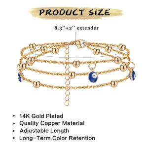 FIBO STEEL 6Pcs Evil Eye Anklets for Women Waterproof 14K Gold Plated Non Tarnish Adjustable Dainty Layered Summer Beach Jewelry Gifts