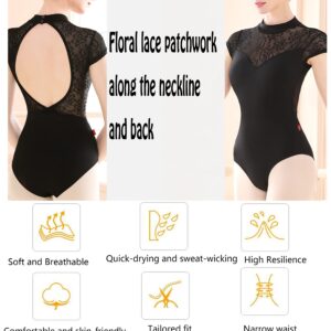 UTOWO Ballet Leotards for Women Black-Lace Short-Sleeve Dance Gymnastics Yoga Leotards with Elegant Swan collar (Small, Black)