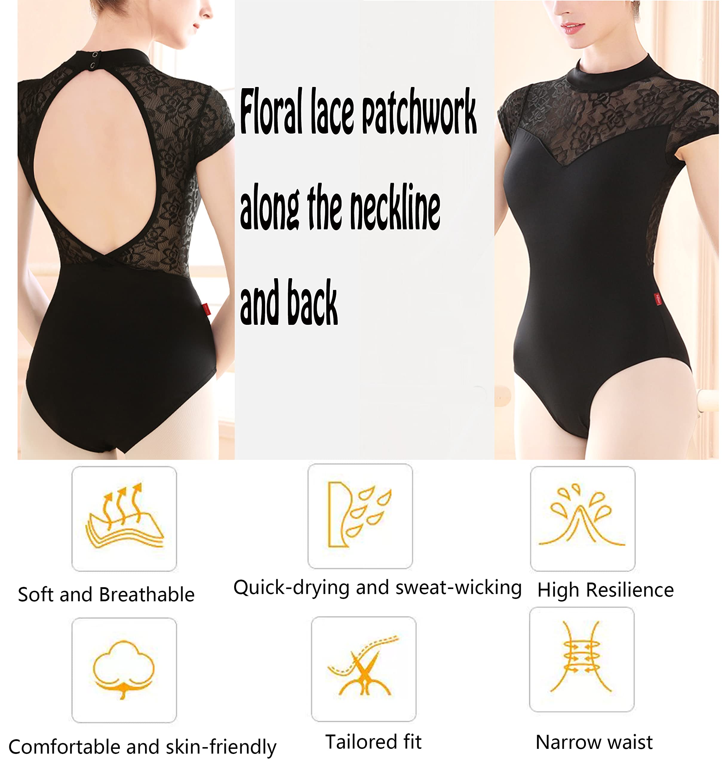 UTOWO Ballet Leotards for Women Black-Lace Short-Sleeve Dance Gymnastics Yoga Leotards with Elegant Swan collar (Small, Black)