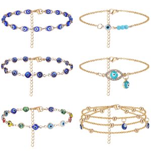 FIBO STEEL 6Pcs Evil Eye Anklets for Women Waterproof 14K Gold Plated Non Tarnish Adjustable Dainty Layered Summer Beach Jewelry Gifts