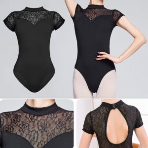 UTOWO Ballet Leotards for Women Black-Lace Short-Sleeve Dance Gymnastics Yoga Leotards with Elegant Swan collar (Small, Black)