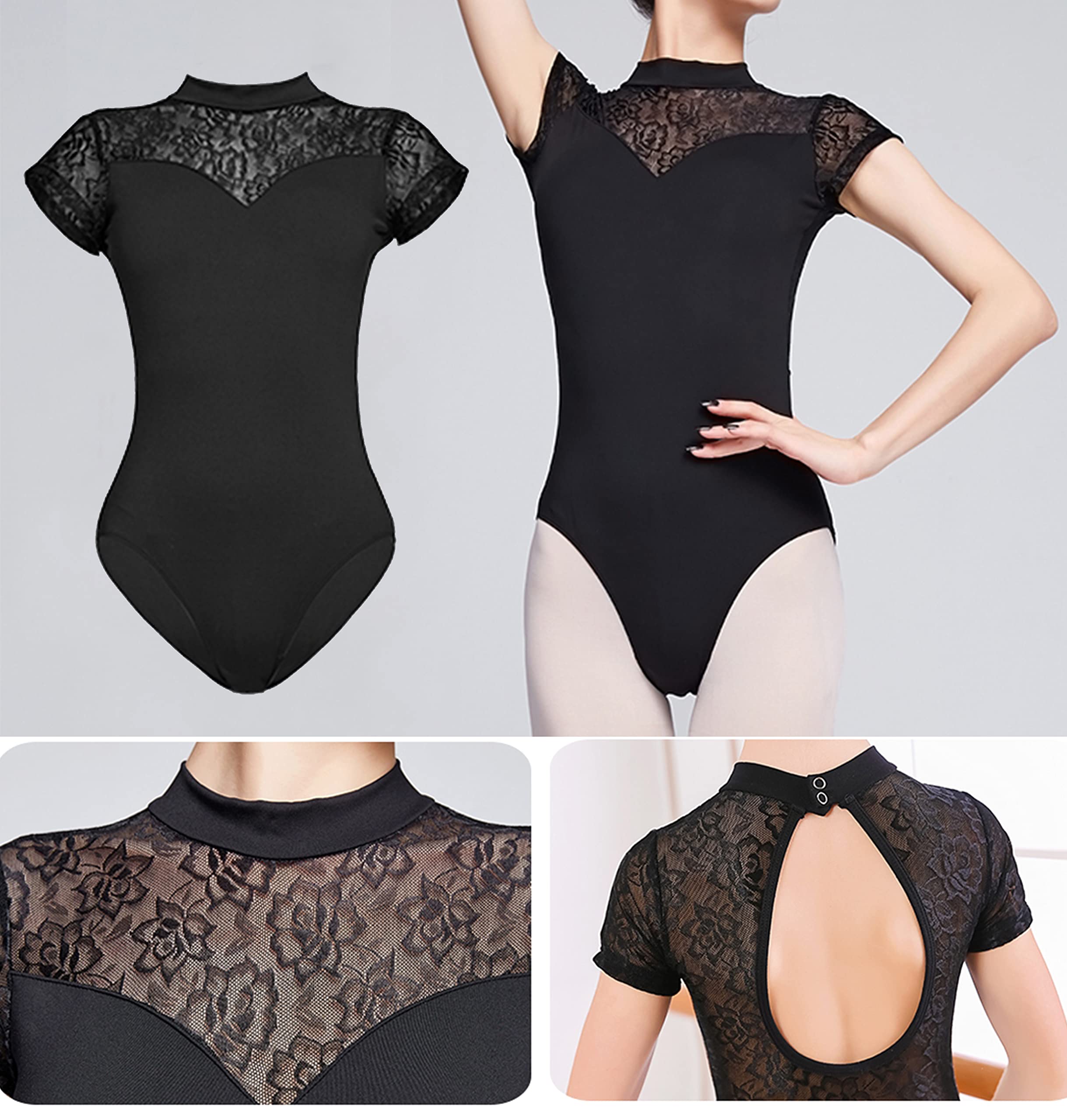 UTOWO Ballet Leotards for Women Black-Lace Short-Sleeve Dance Gymnastics Yoga Leotards with Elegant Swan collar (Small, Black)