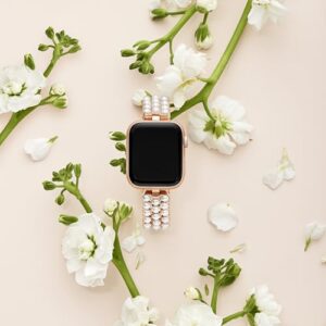 kate spade new york rose gold-tone stainless steel IP and white faux pearls band for apple watch®, 38/40/41mm (Model: KSS0126)