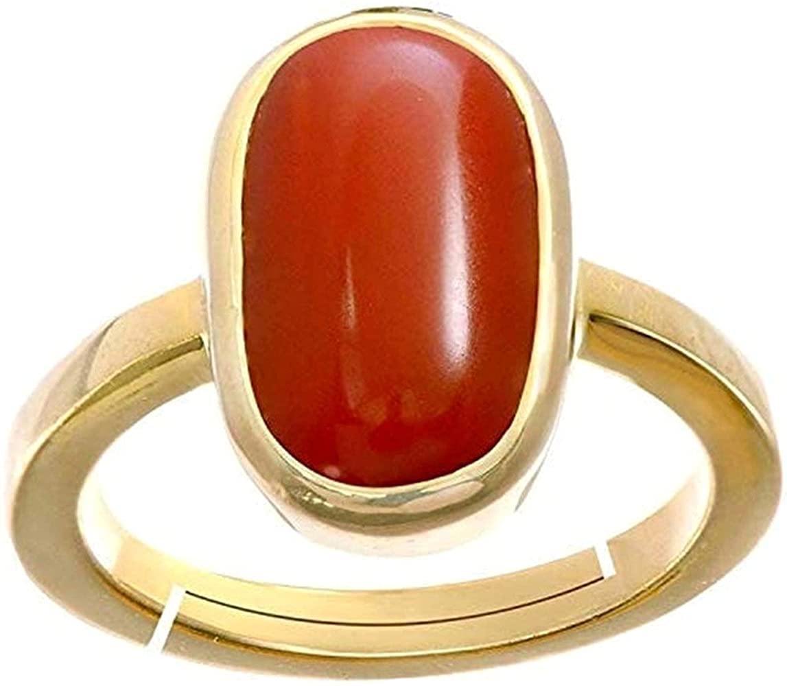 ADITYA JEWELS Red color Ring Certified Natural 7.25 Ratti Red Coral Ring Astrological Purpose Ring Moonga Stone Ring Adjustable Panchdhatu Gemstone Ring For Christmas Gift Men's & Women's