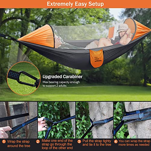 Outerman Camping Hammock with Mosquito Net, Portable Single Hammock with Tree Straps, Easy Setup, Lightweight Nylon Parachute Hammocks for Indoor, Outdoor, Backpacking, Travel, Patio, Hiking (Gray)