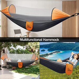 Outerman Camping Hammock with Mosquito Net, Portable Single Hammock with Tree Straps, Easy Setup, Lightweight Nylon Parachute Hammocks for Indoor, Outdoor, Backpacking, Travel, Patio, Hiking (Gray)