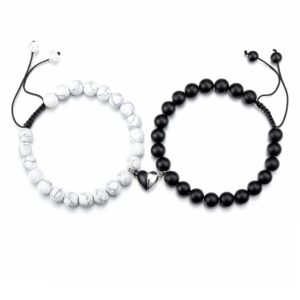 Top Plaza 2pcs Couples Bracelets Matching Heart Bracelets for Lover Healing Crystal Black Agate White Turquoise Bracelets for Couples Him & Her BF GF Valentine's Day Gifts