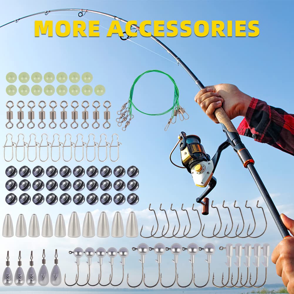 GOANDO Fishing Lures Kit 302Pcs Accessories Set for Bass Trout Salmon with Topwater Lures Crankbaits Spinnerbaits Spoon Worms Jigs and More Fishing Gear with Tackle Box