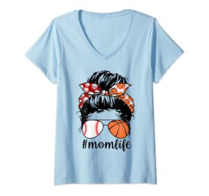 womens mom life, basketball, baseball, mothers day, messy bun v-neck t-shirt