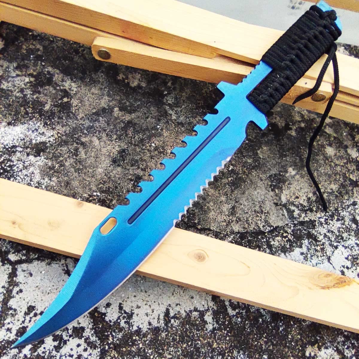 Fixed Blade Hunting Knife Full Tang Handle Straight Edge with Sheath, Blue Titanium