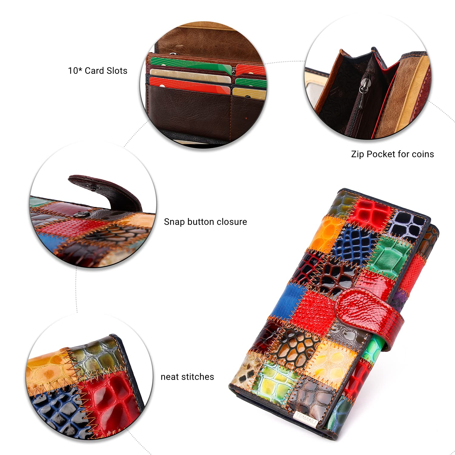 Eysee Wallets for women large Capacity Genuine Leather, Long Stitching wallet multi color