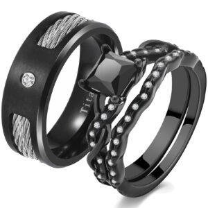 ringheart Couple Rings Matching Ring 1ct Black CZ Women Wedding Ring Sets for Him and Her His Her Wedding Ring