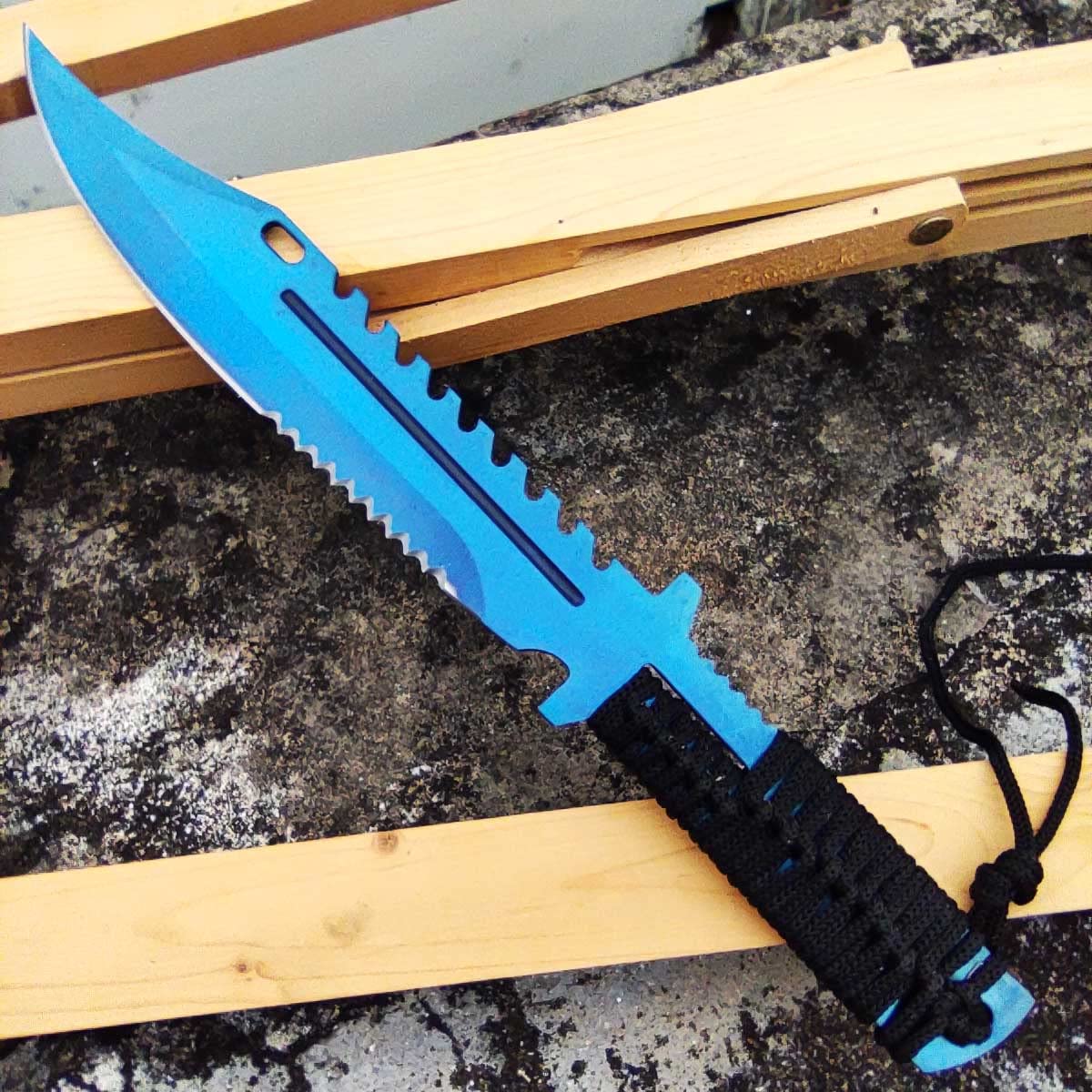 Fixed Blade Hunting Knife Full Tang Handle Straight Edge with Sheath, Blue Titanium