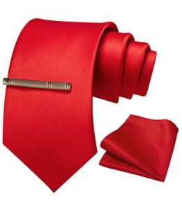 rbocott red tie necktie and pocket square with tie clip sets for men party wedding and business