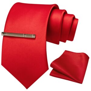 RBOCOTT Red Tie Necktie and Pocket Square with Tie Clip Sets for men Party Wedding and Business