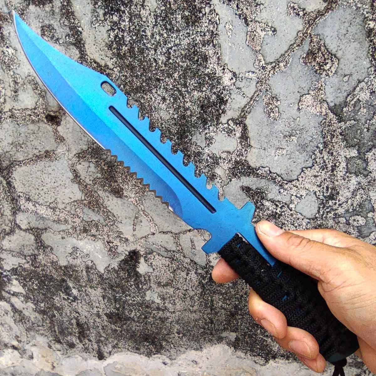 Fixed Blade Hunting Knife Full Tang Handle Straight Edge with Sheath, Blue Titanium