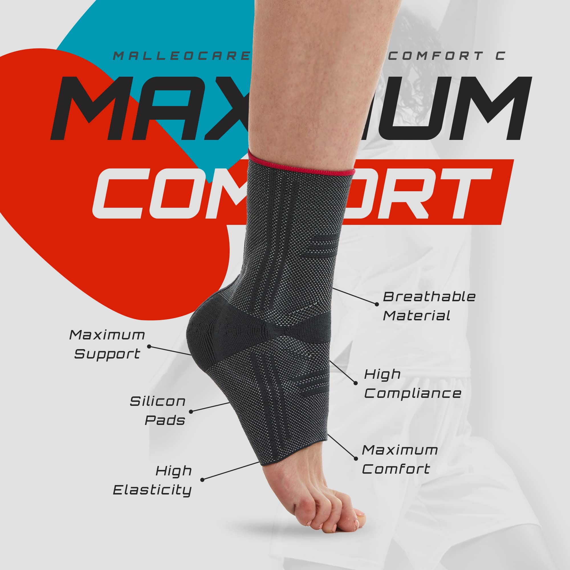 WEHR Malleocare Comfort C Ankle Compression Sleeve - Premium Ankle Support Foot Brace for Ligament Injury, Instability, Swelling – Comfortable and Breathable (X-Large)