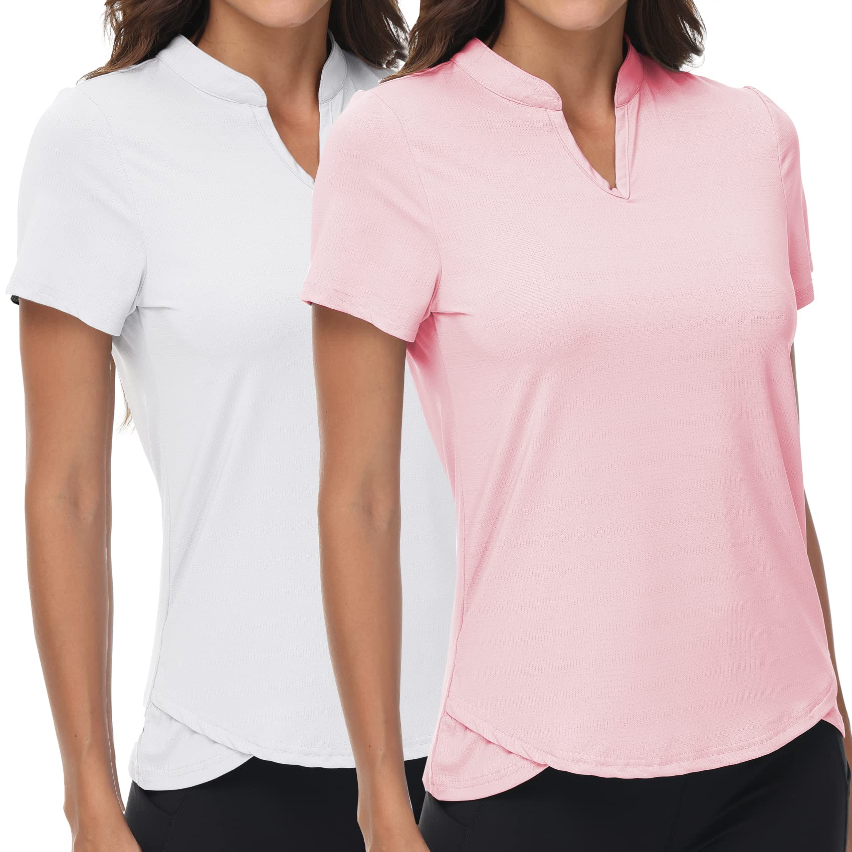 DOTIN Women's 2 Pack V-Neck Golf Polo Shirts Short Sleeve Collarless Quick Dry Sport T-Shirts Workout Tops