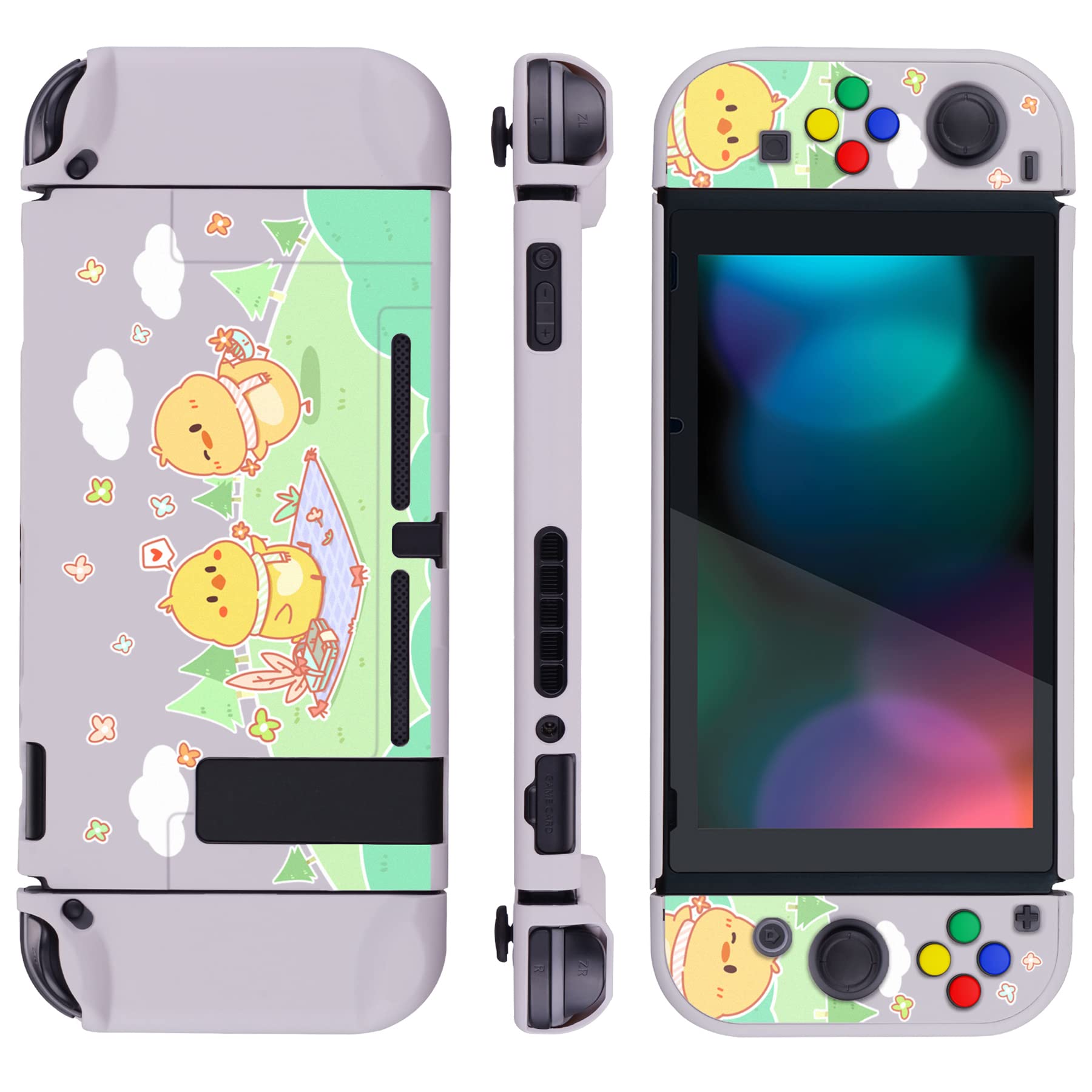 PlayVital Back Cover for Nintendo Switch Console, NS Joycon Handheld Controller Protector Hard Shell, Dockable Protective Case with Colorful ABXY Direction Button Caps - Picnic Fair