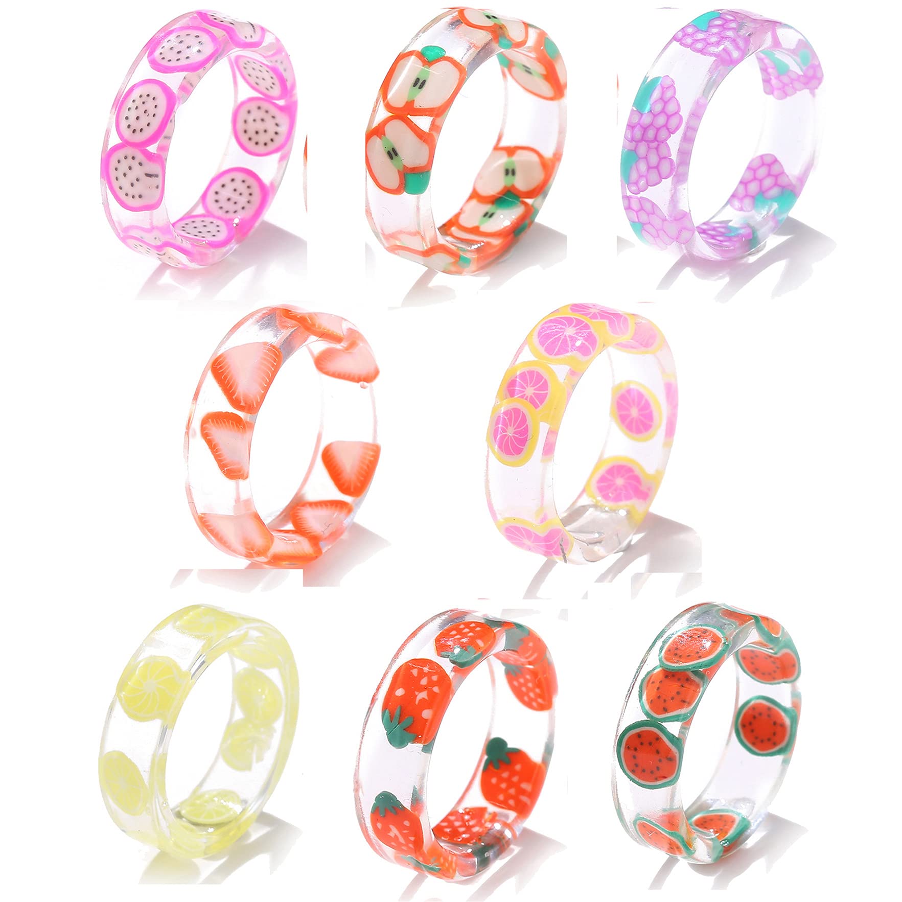 DUANXU Cute Acrylic Resin Indie Rings Set Colorful Summer Knuckle Transparent Stacking Rings Y2K Aesthetic Kidcore Funny Fruit Plastic Rings Jewelry Gift for Women Teen Girls