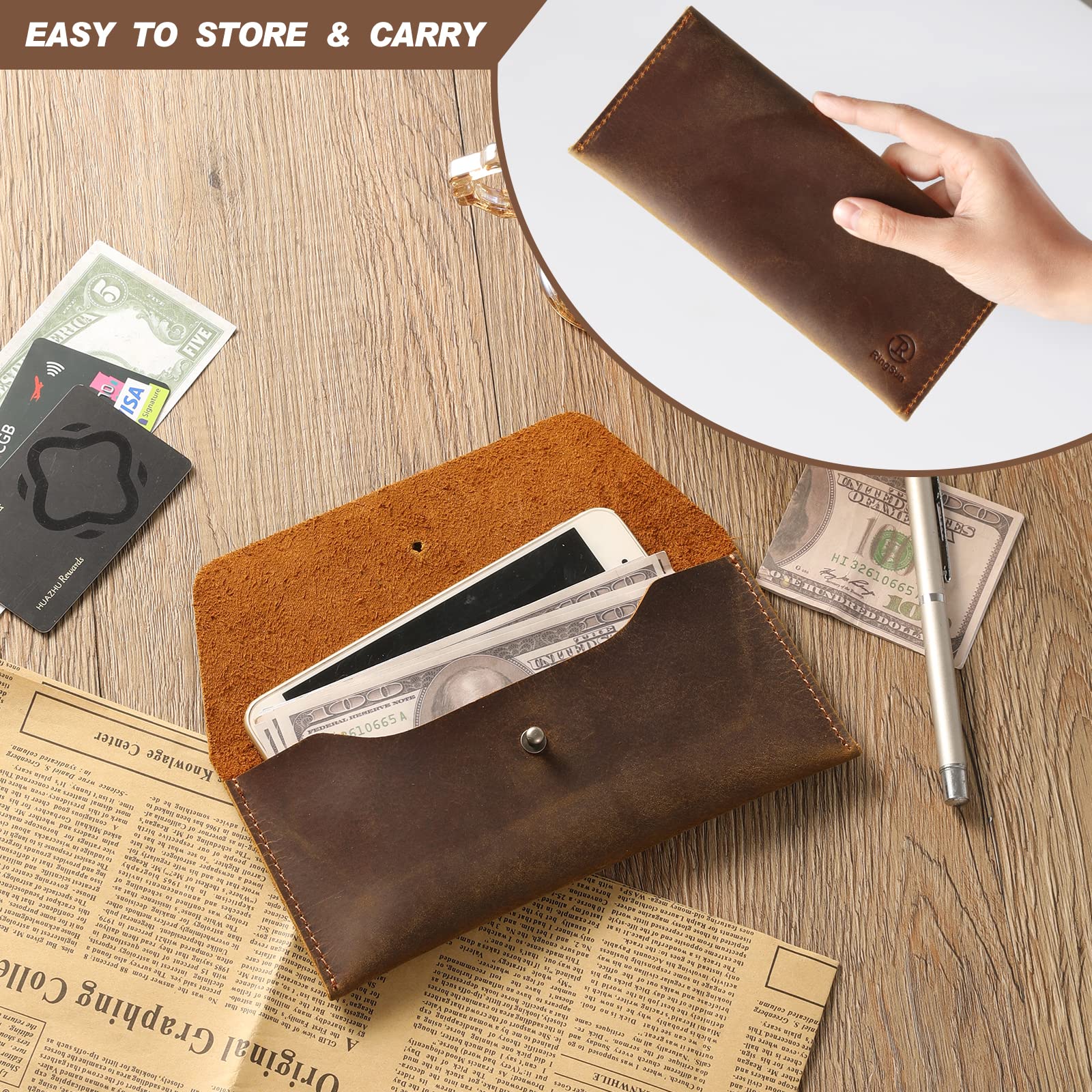 Ringsun Leather Money Cash Envelopes Wallet for Men, Money Bag Pouch Reusable Budget Envelope Wallet, Retro Clutch Wallet, Brown