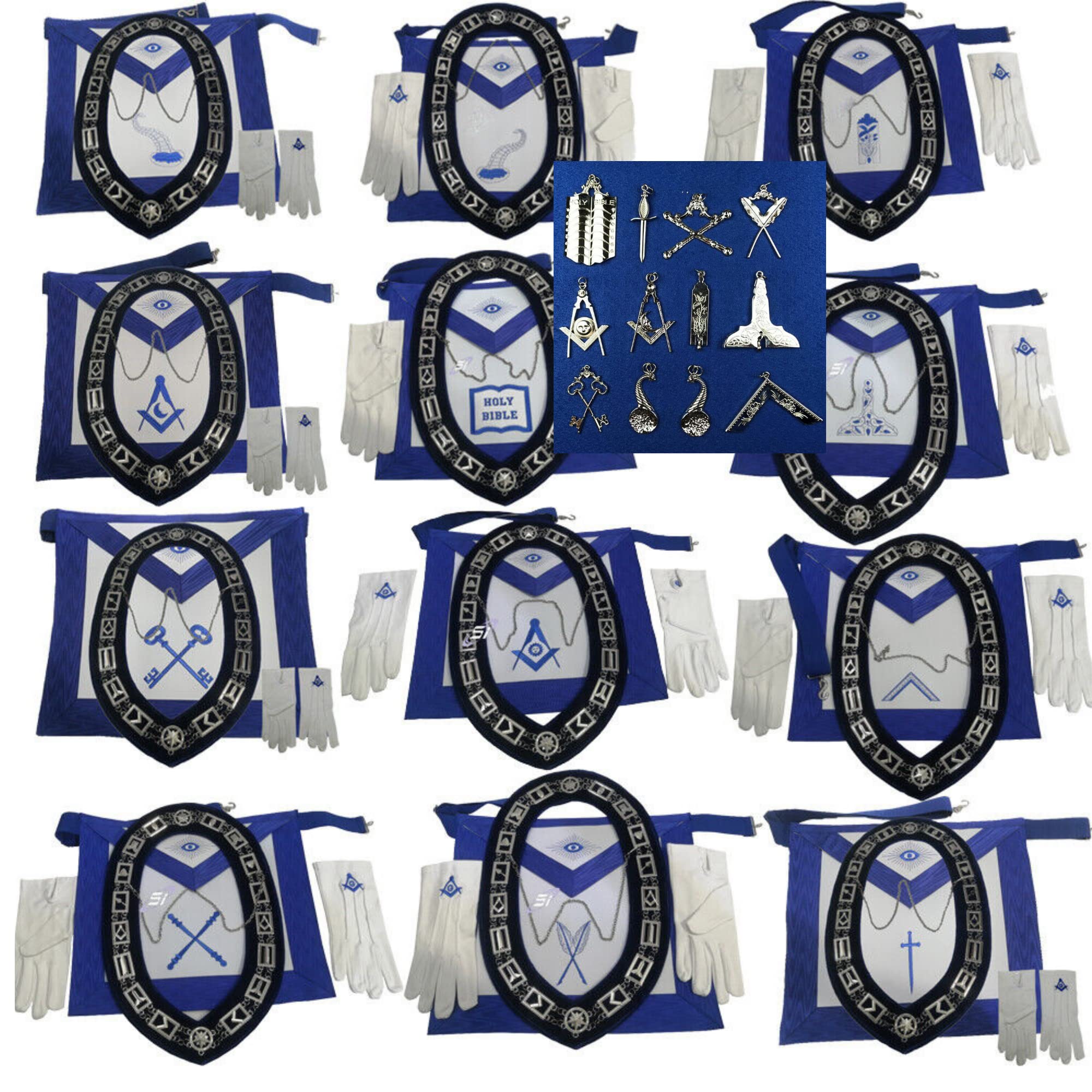 Masonic Blue Lodge Free Masons Officer Aprons 12 Chain Collar 12 Jewels 12 Gloves 12 Set of 12X4 Lot