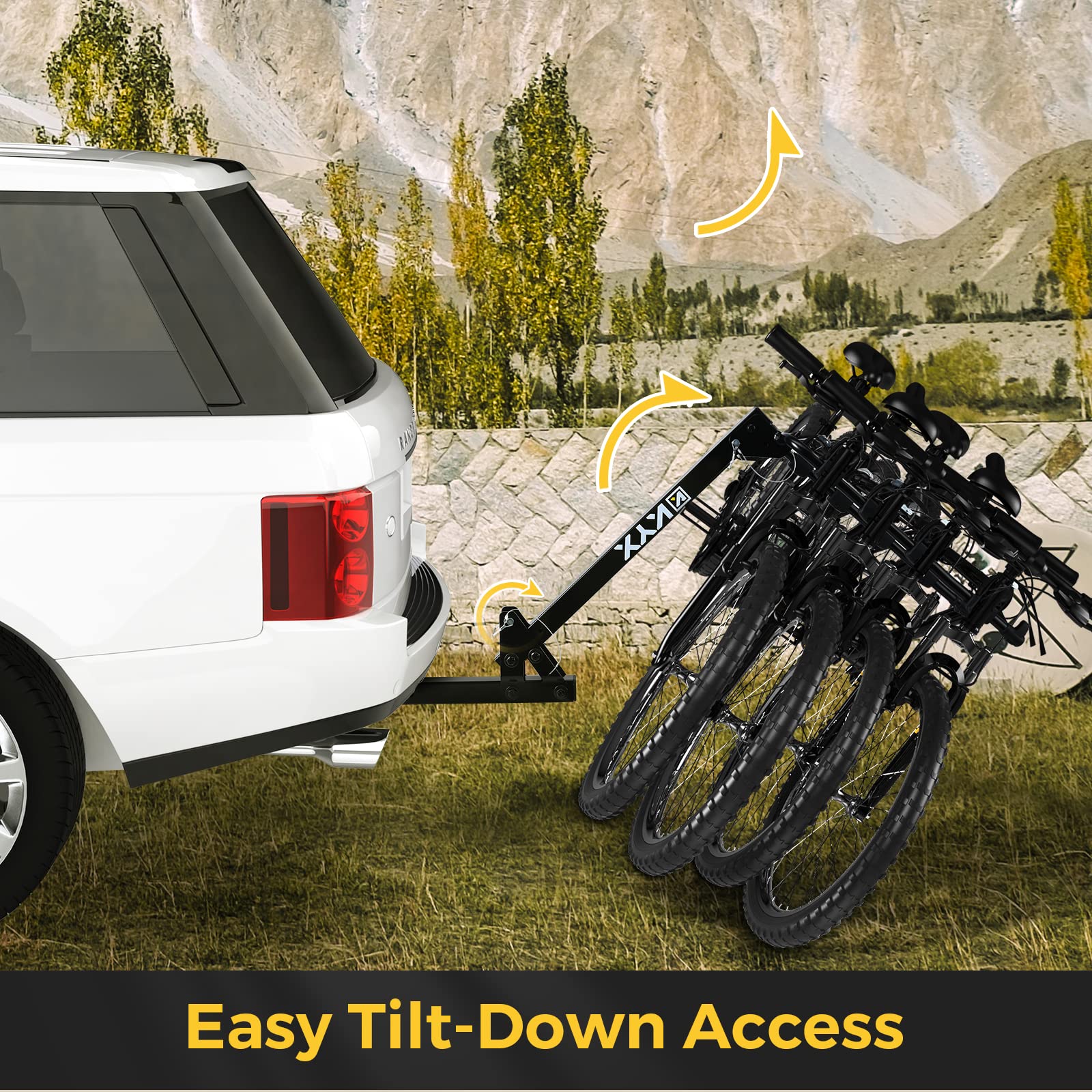 4 Bikes Car Rack, Bicycle Hitch Mount Racks for SUV Truck Vans with 2 in. Hitch Receiver, Foldable Steel Frame, Tilt-Away Mode, Easy Assembly, 143lbs Ultra Load Bearing, Safe Locking